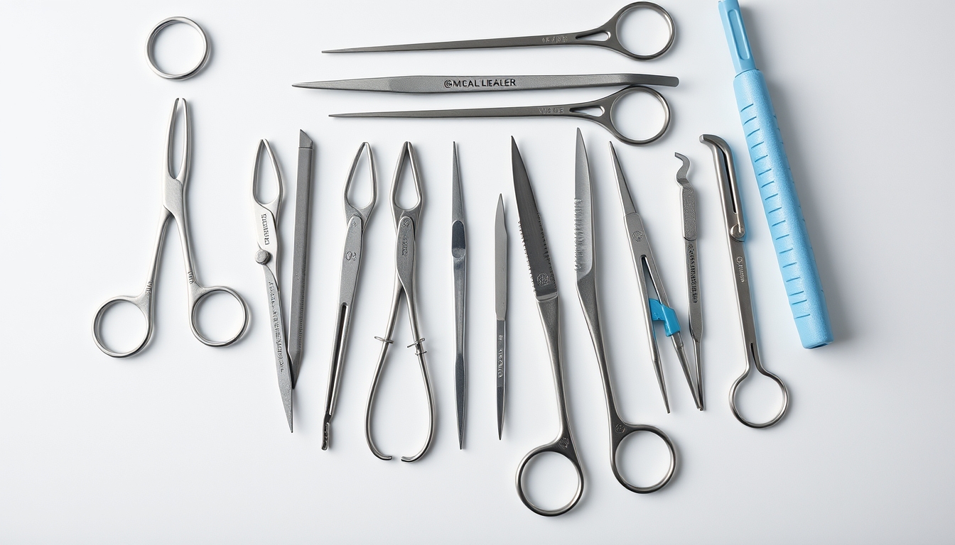 surgical instruments laid out sterile in editorial style