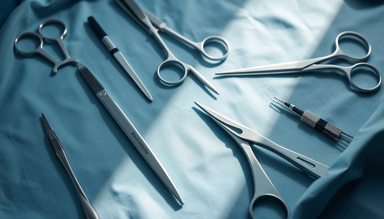 surgical instruments laid out sterile in editorial style
