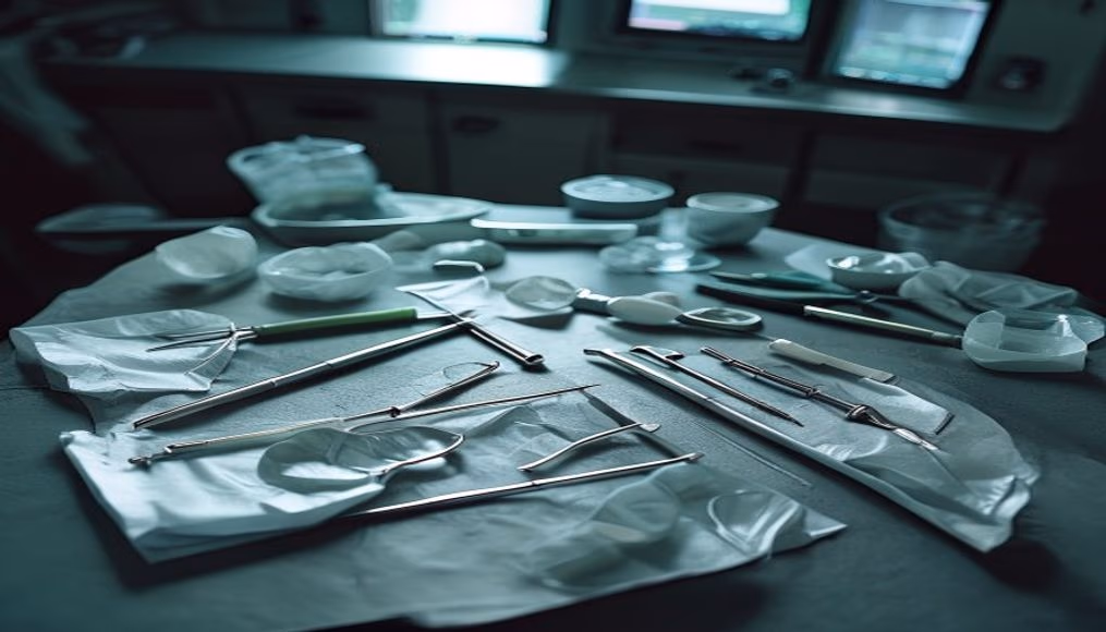 surgical instruments laid out sterile in editorial style