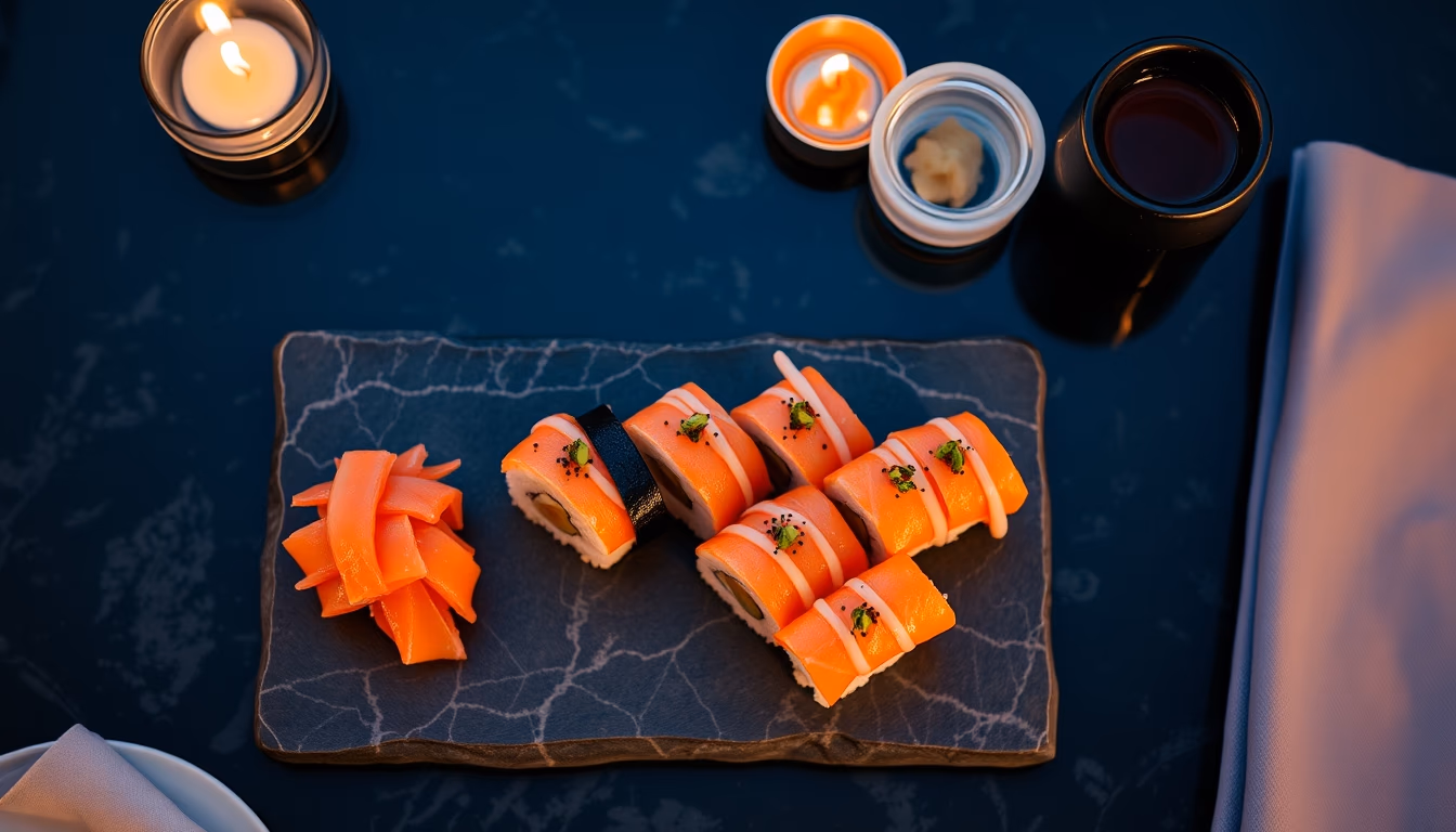 sushi platter on slate elegant in editorial style