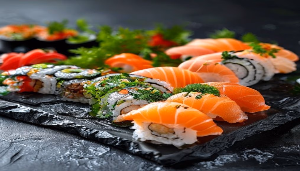 sushi platter on slate elegant in editorial style