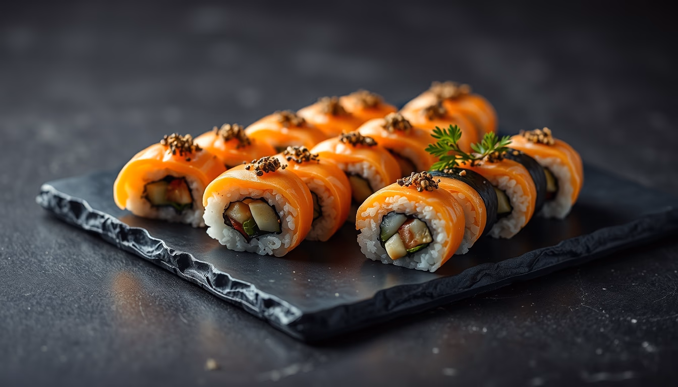 sushi platter on slate elegant in editorial style