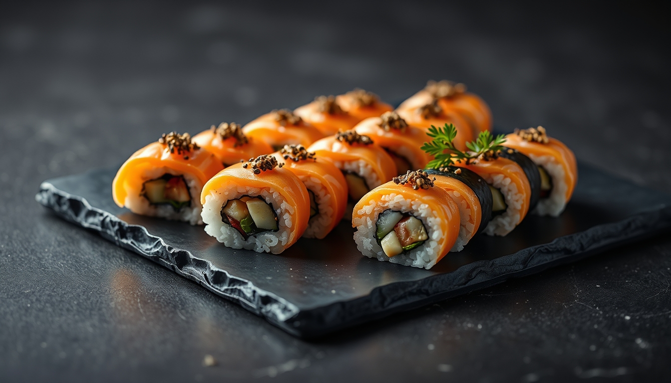 sushi platter on slate elegant in editorial style