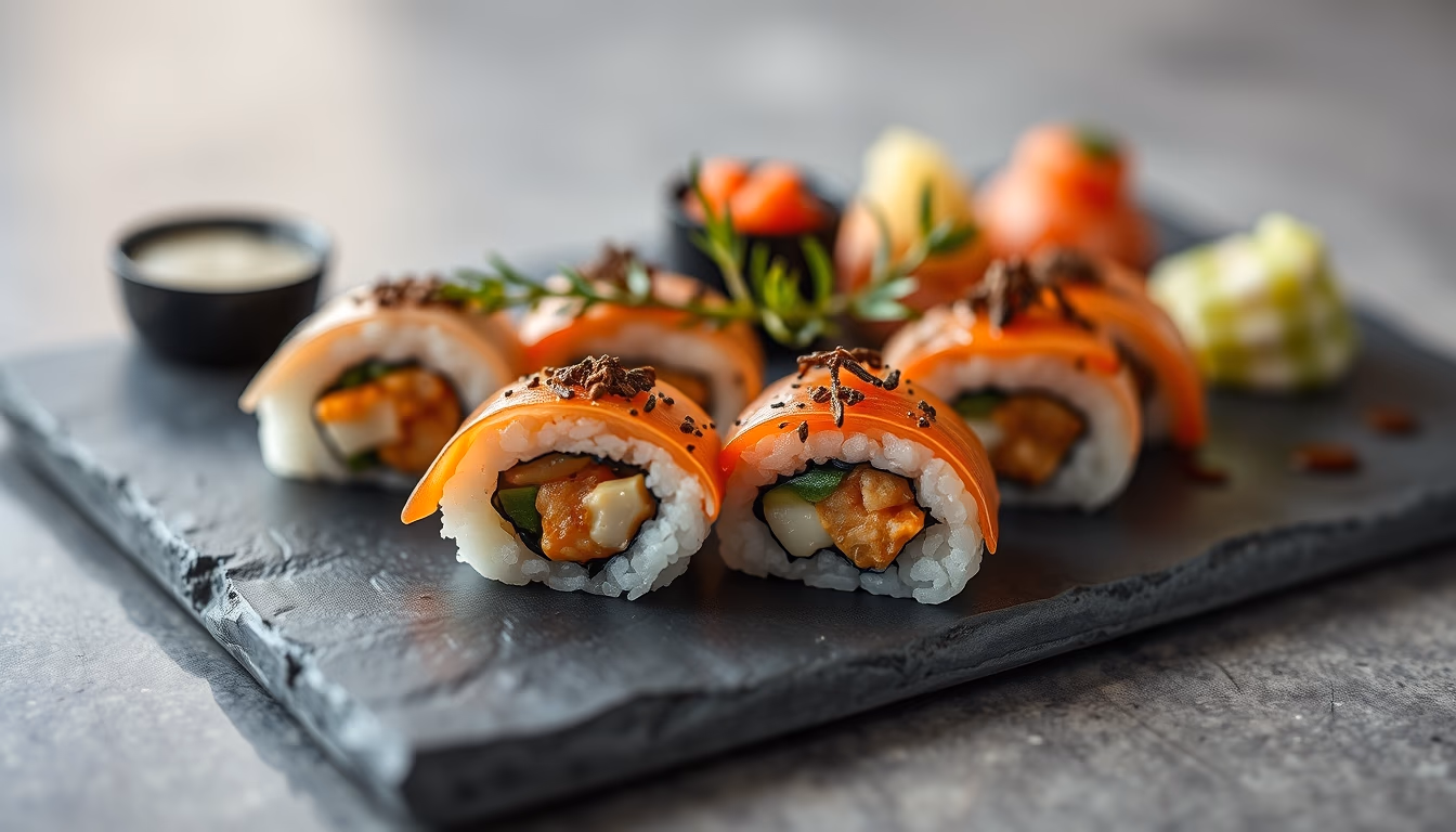 sushi platter on slate elegant in editorial style