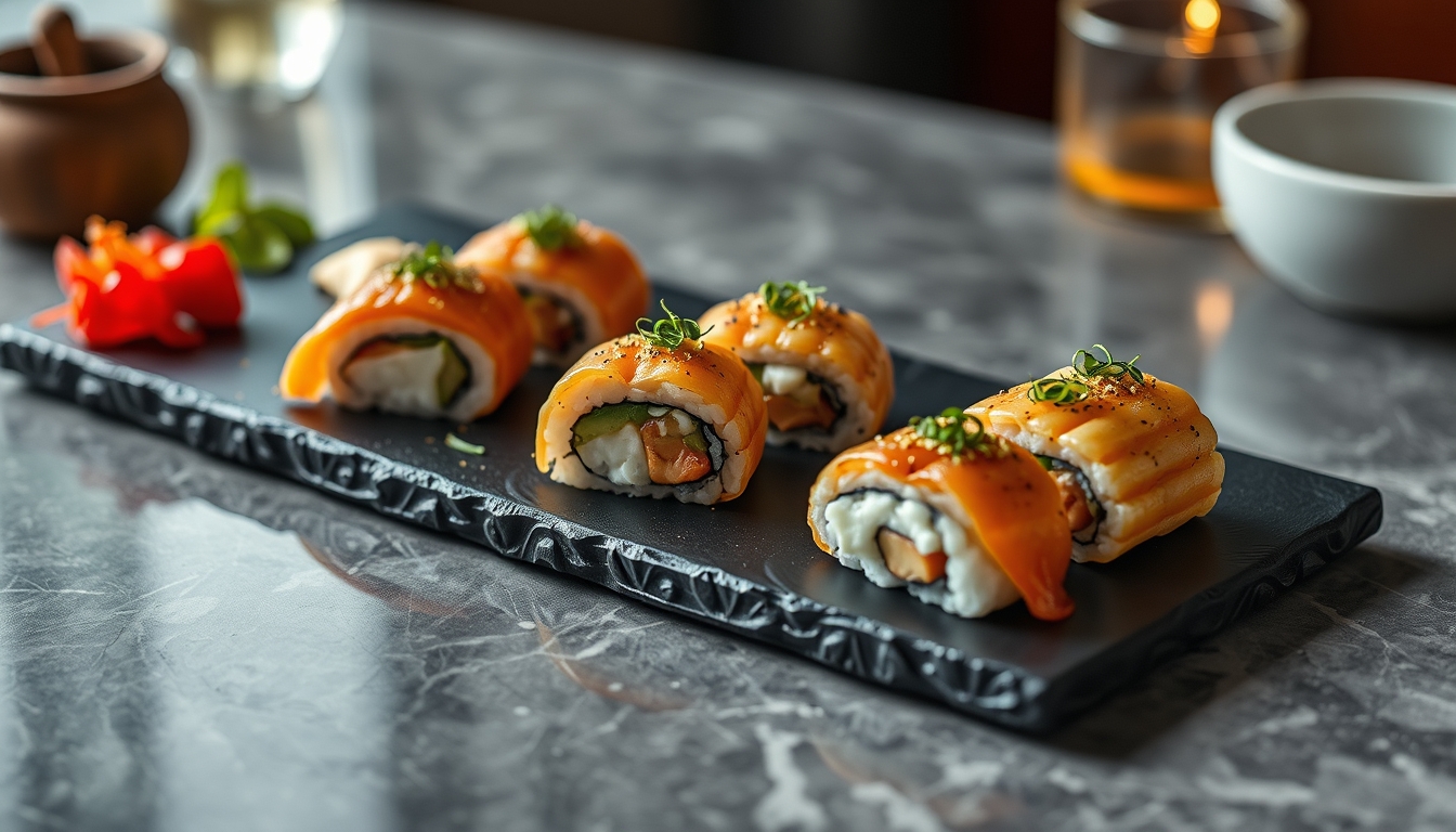 sushi platter on slate elegant in editorial style