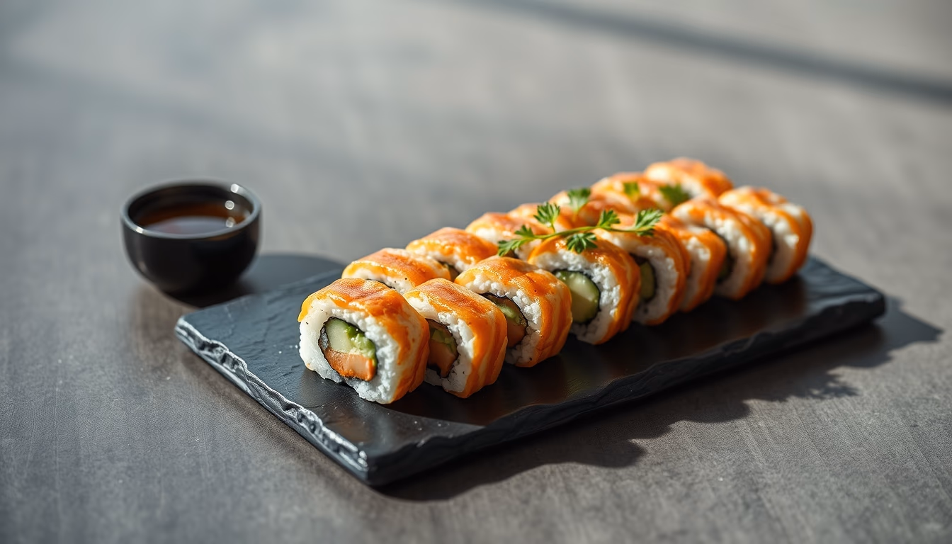 sushi platter on slate elegant in editorial style
