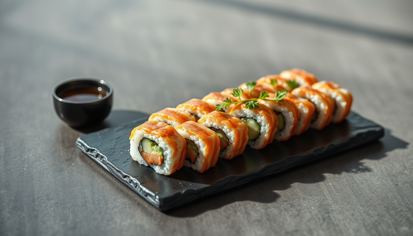 sushi platter on slate elegant in editorial style