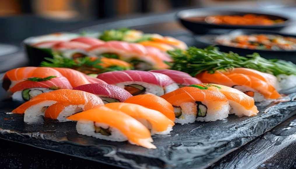 sushi platter on slate elegant in editorial style