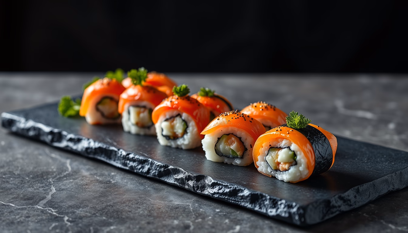 sushi platter on slate elegant in editorial style