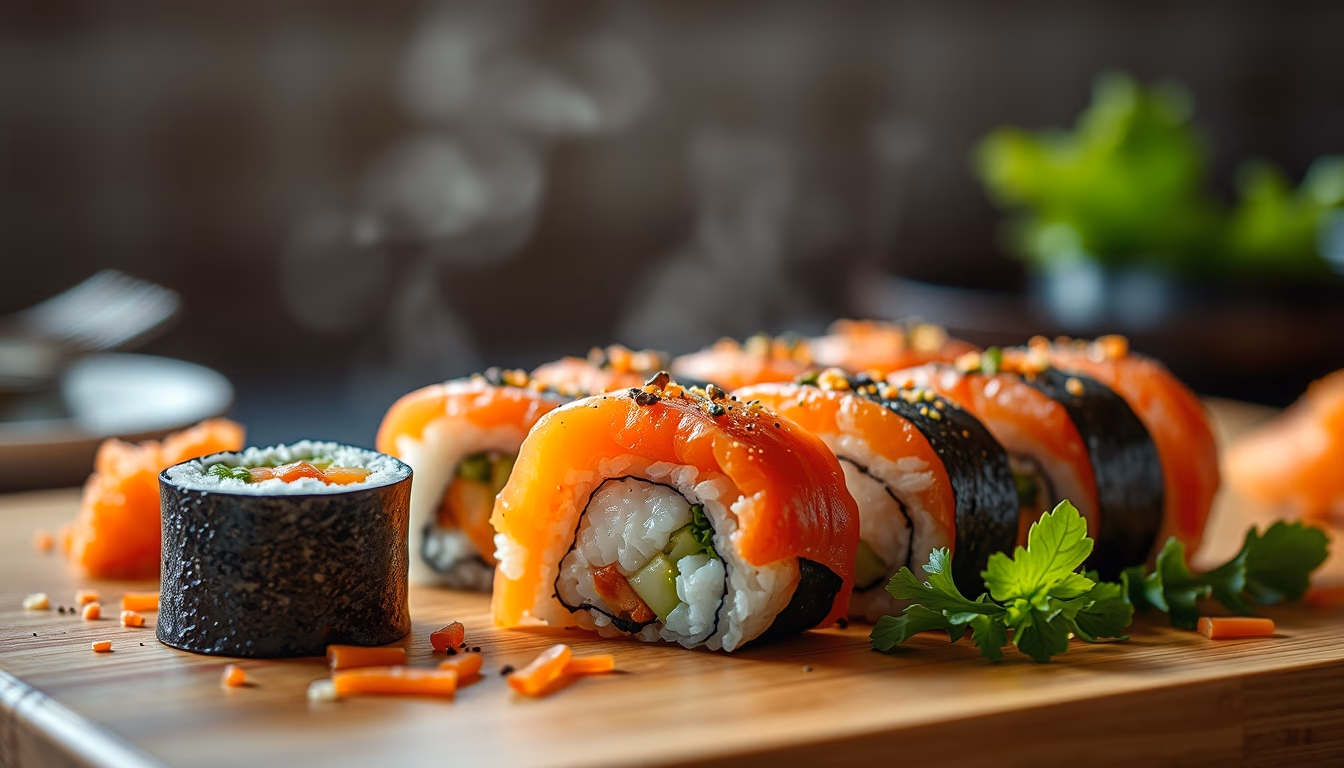 sushi rolls colorful in editorial style