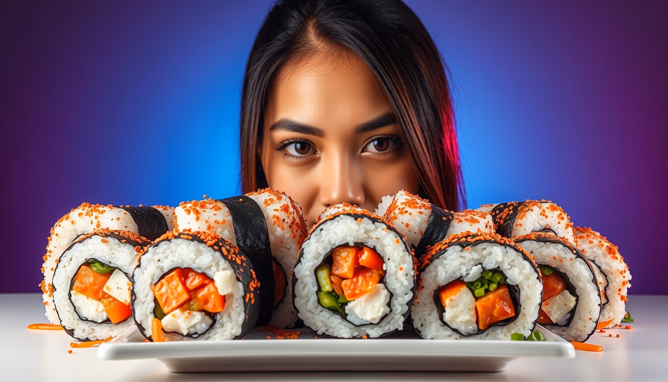 sushi rolls colorful in editorial style