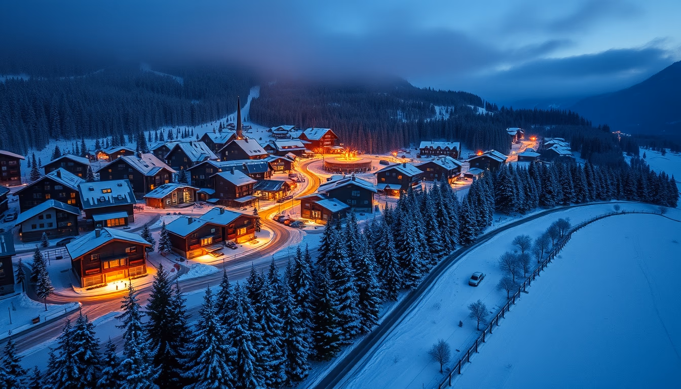 switzerland alpine village winter in editorial style