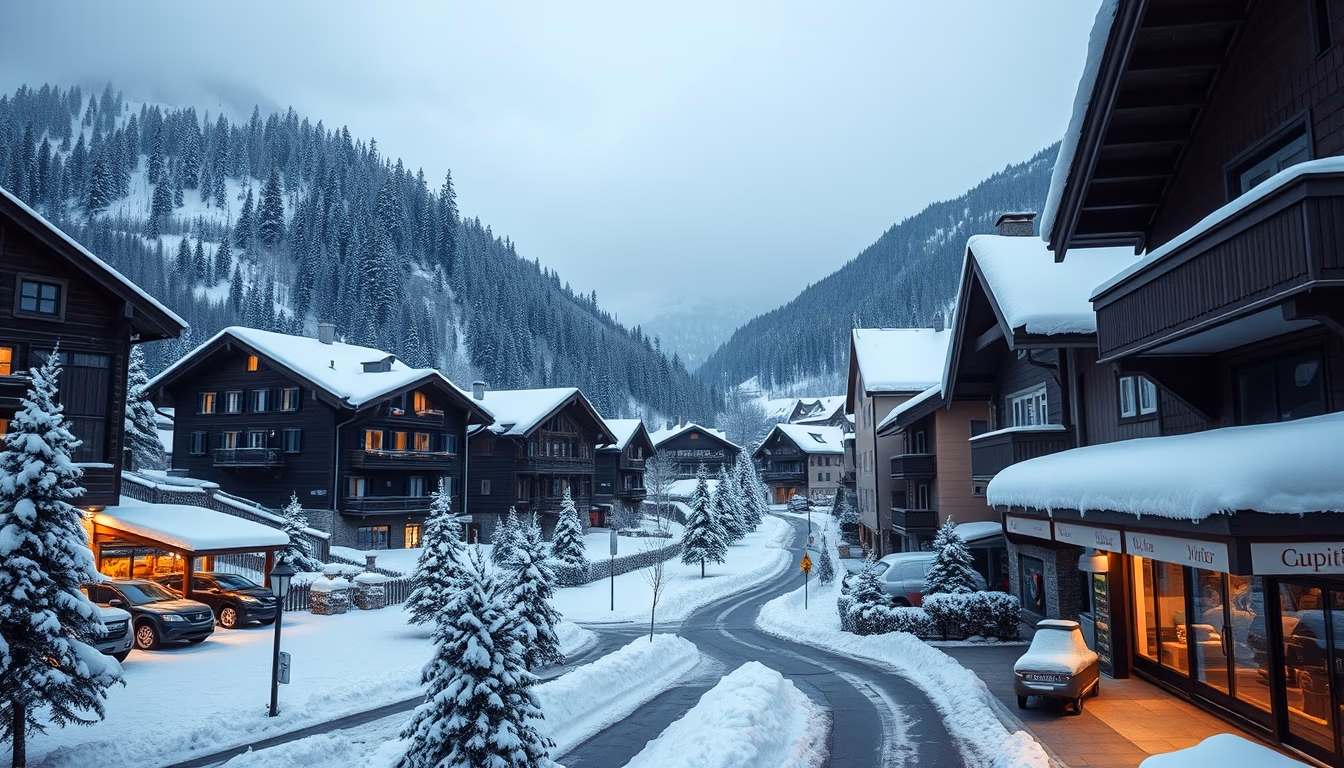 switzerland alpine village winter in editorial style