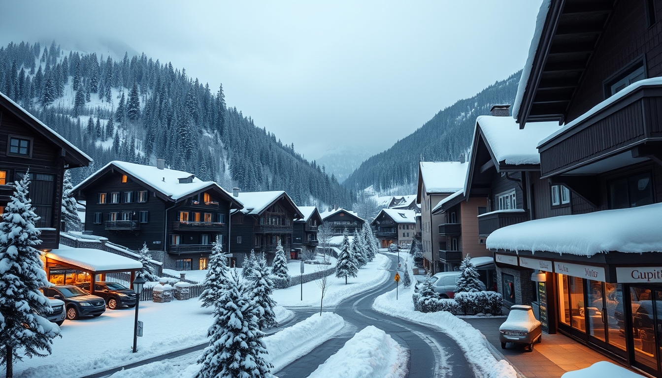 switzerland alpine village winter in editorial style