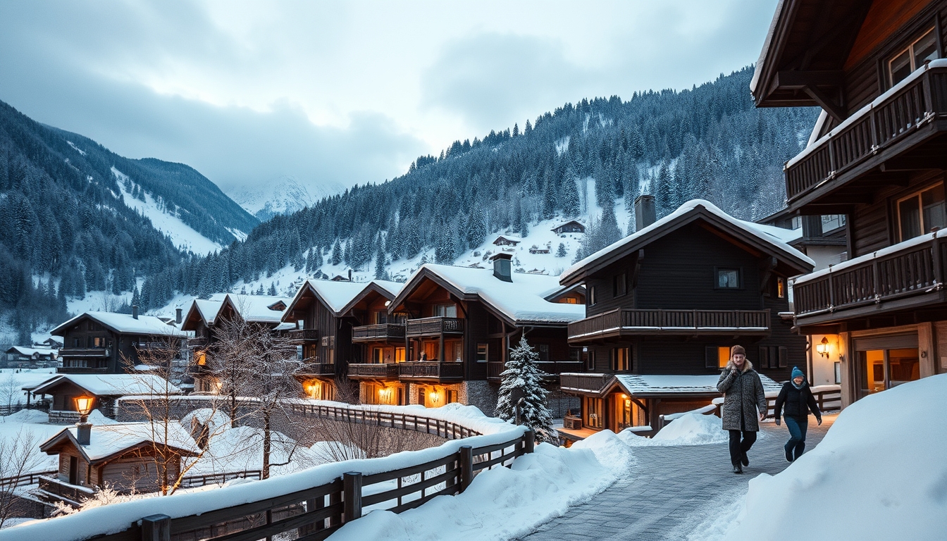 switzerland alpine village winter in editorial style