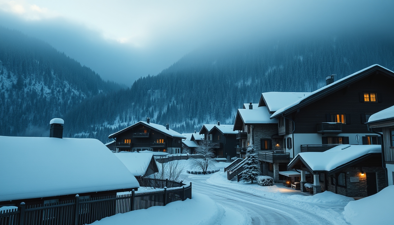 switzerland alpine village winter in editorial style