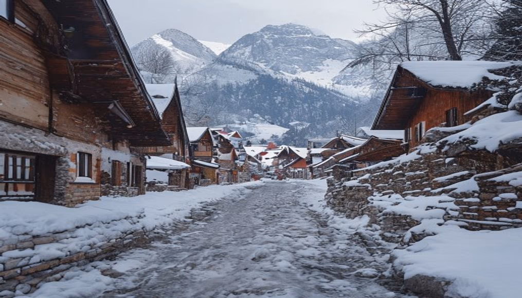 switzerland alpine village winter in editorial style