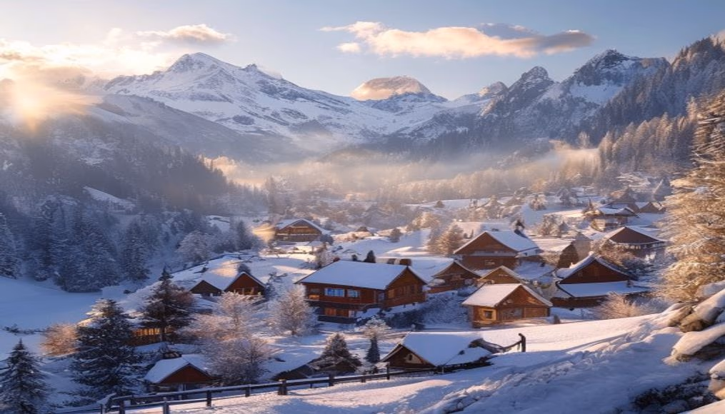 switzerland alpine village winter in editorial style