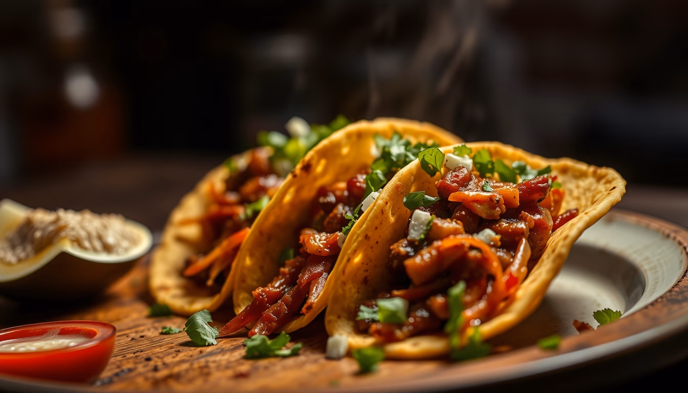 tacos al pastor mexican in editorial style