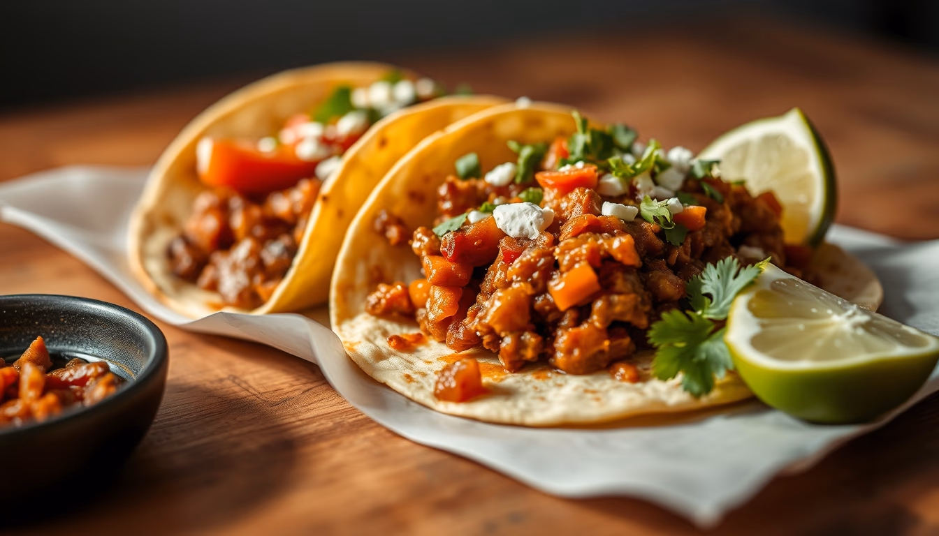 tacos al pastor mexican in editorial style