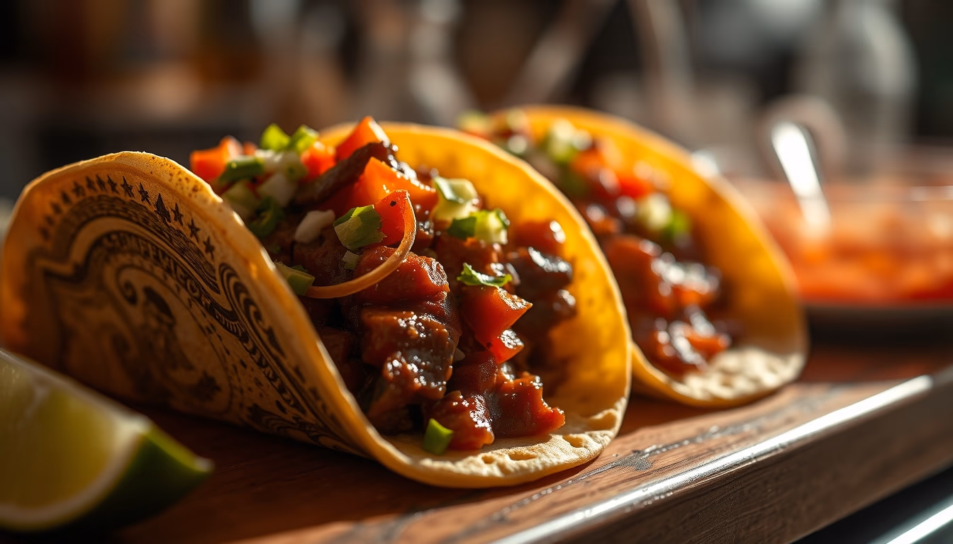 tacos al pastor mexican in editorial style