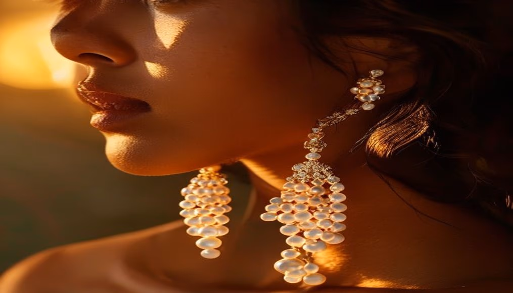 tahitian pearl earrings dangle in luxury editorial photography