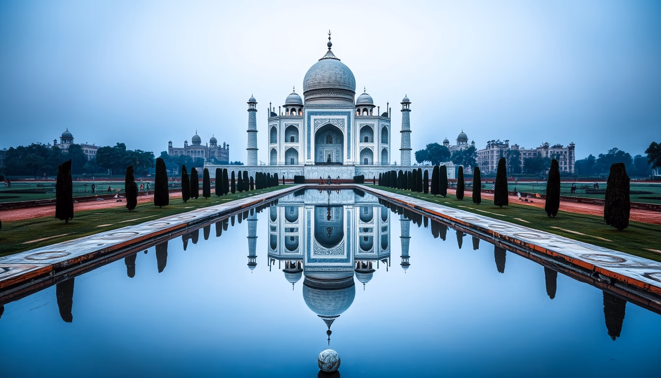taj mahal symmetric reflection in editorial style