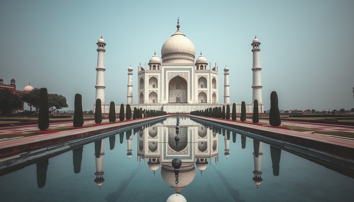 taj mahal symmetric reflection in editorial style