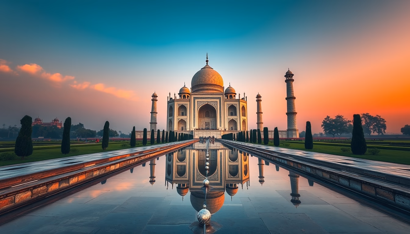 taj mahal symmetric reflection in editorial style