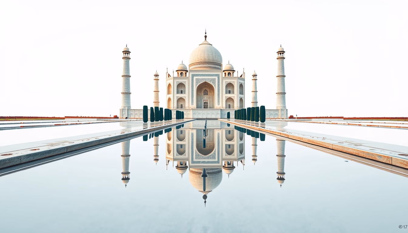 taj mahal symmetric reflection in editorial style
