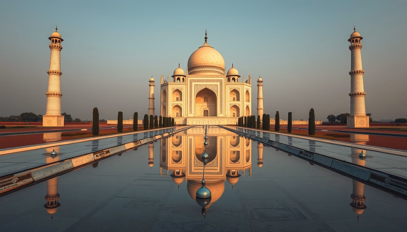 taj mahal symmetric reflection in editorial style