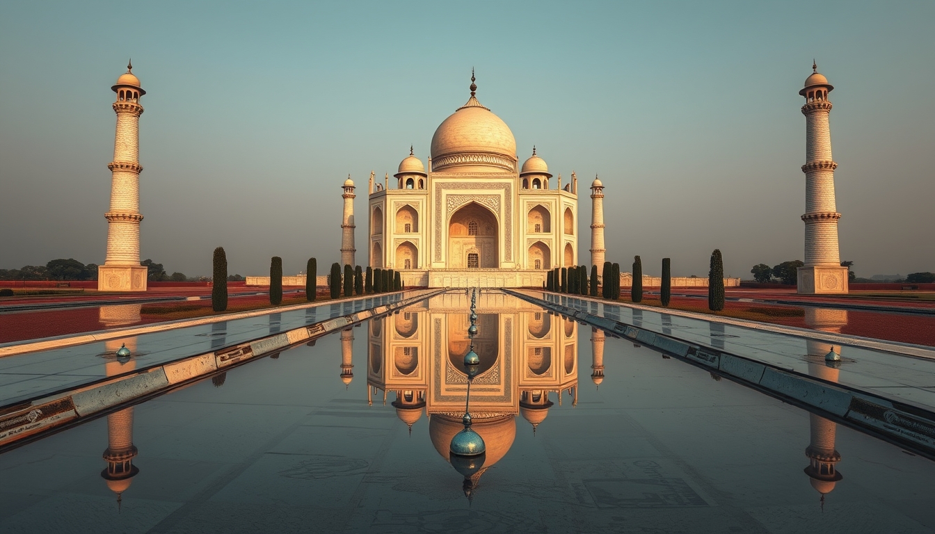 taj mahal symmetric reflection in editorial style
