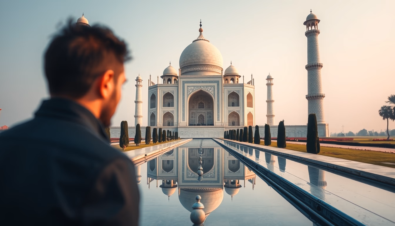 taj mahal symmetric reflection in editorial style