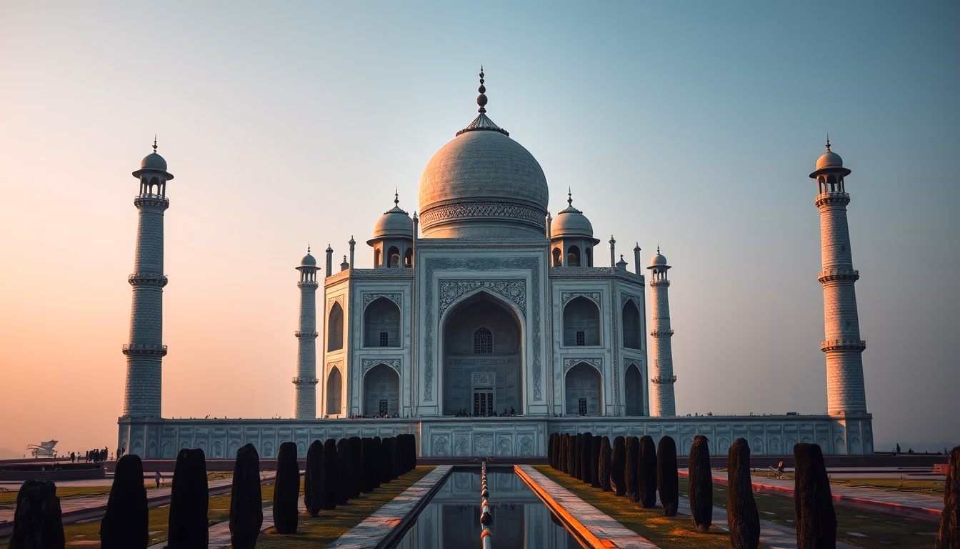 Taj mahal symmetric reflection em estilo editorial