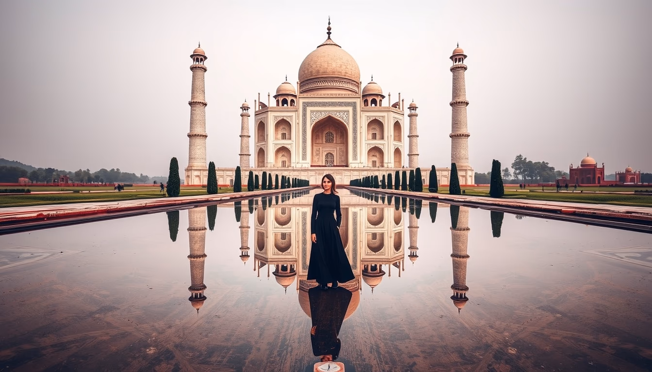 taj mahal symmetric reflection in editorial style