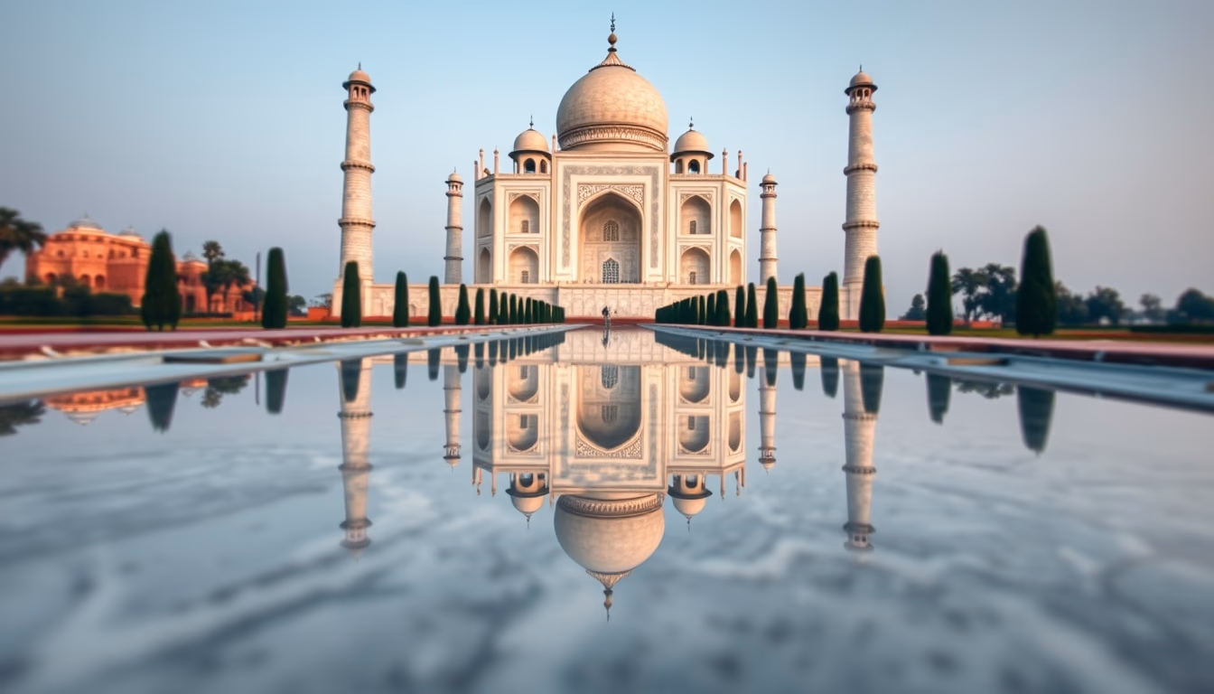 taj mahal symmetric reflection in editorial style