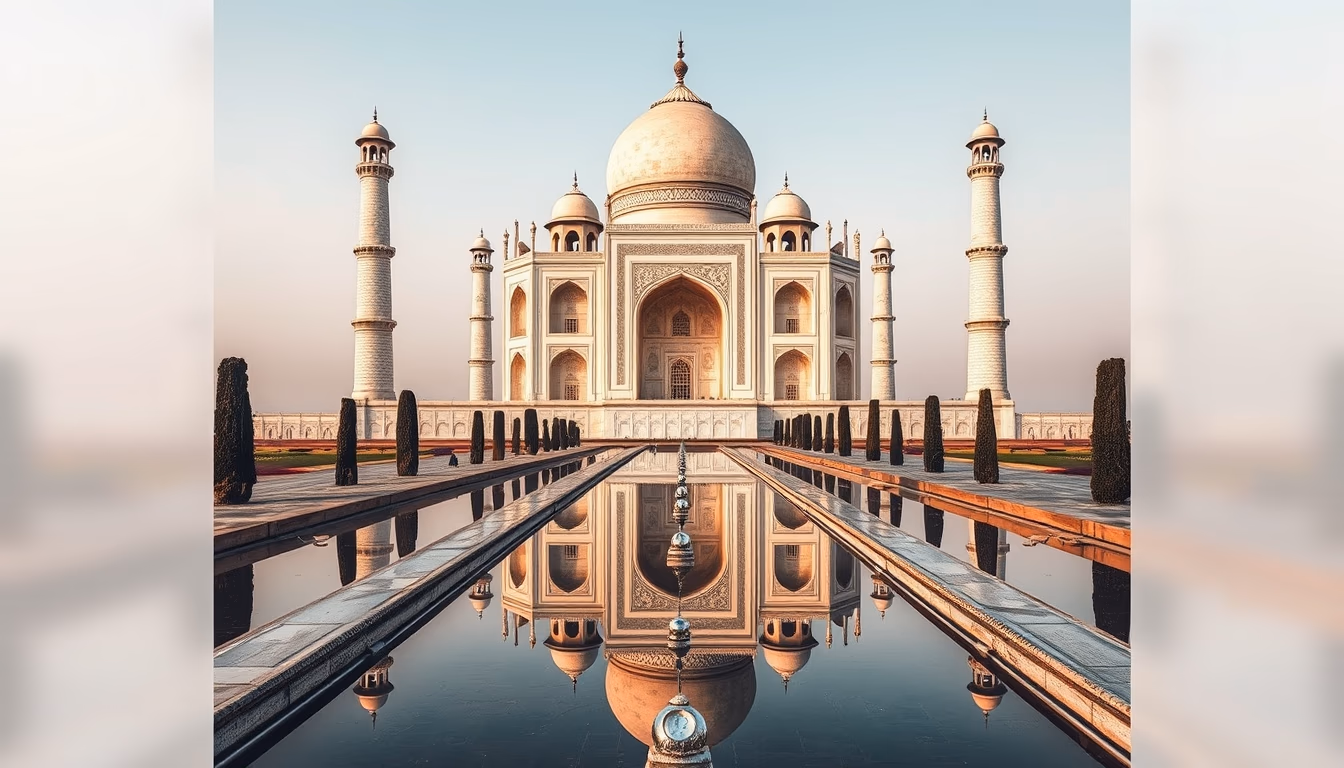 taj mahal symmetric reflection in editorial style