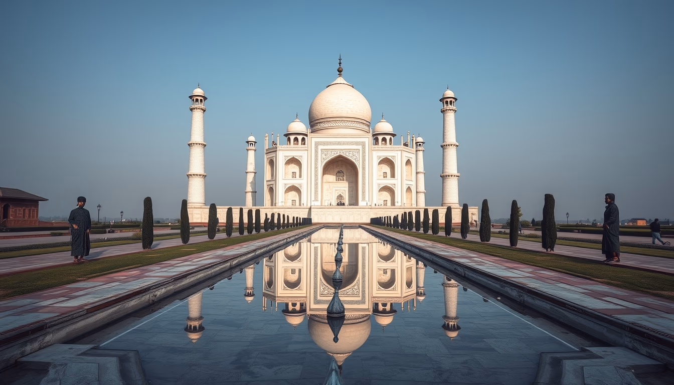 taj mahal symmetric reflection in editorial style