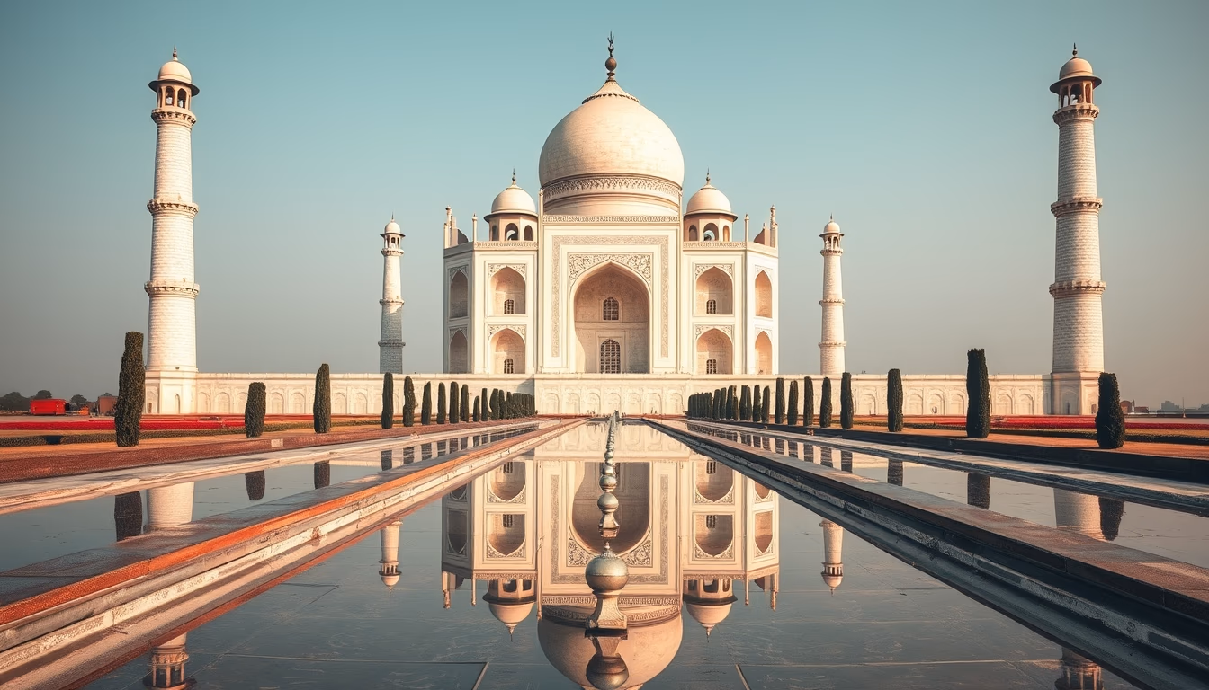 taj mahal symmetric reflection in editorial style