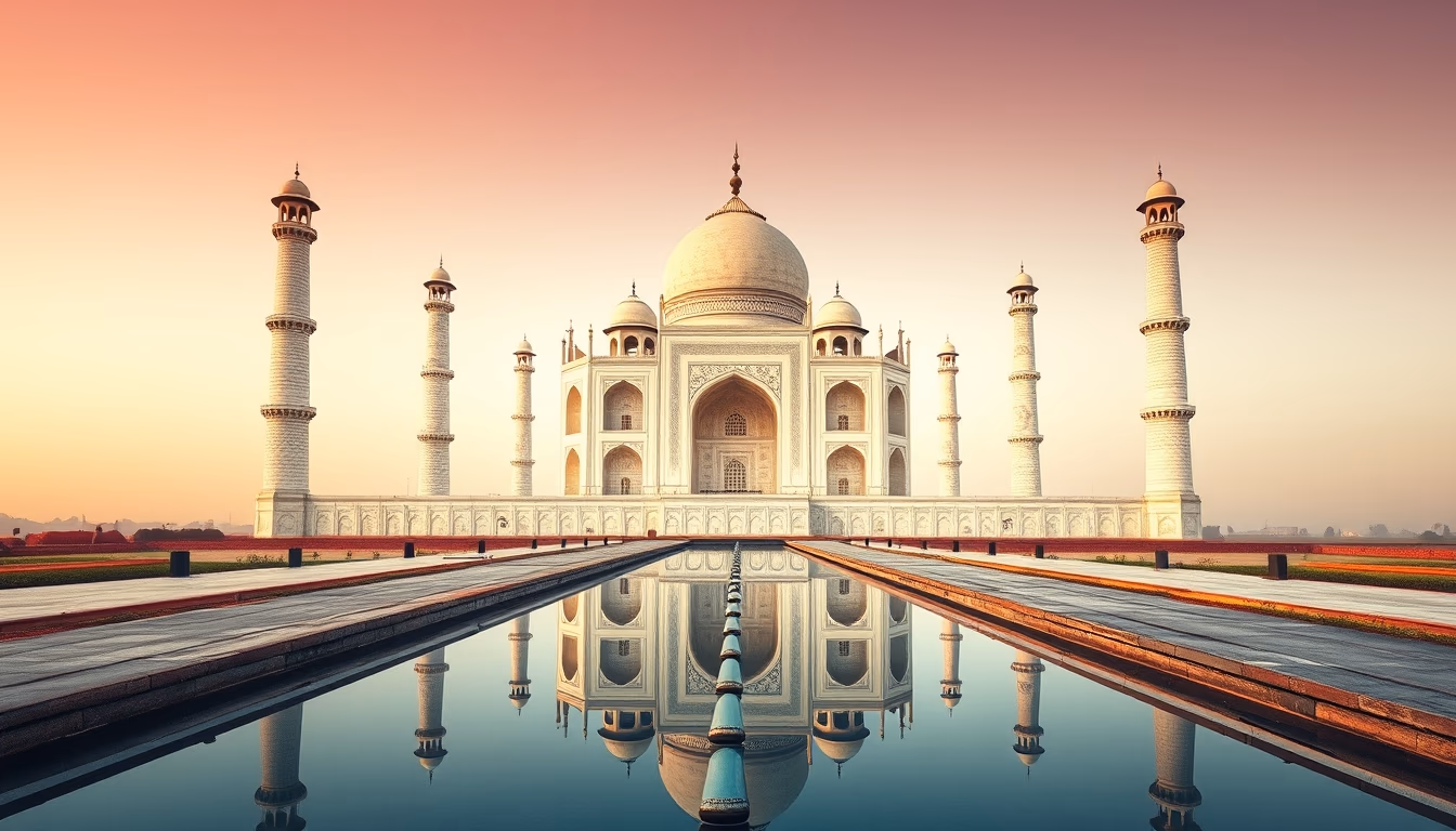 taj mahal symmetric reflection in editorial style