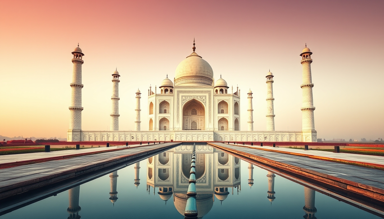taj mahal symmetric reflection in editorial style