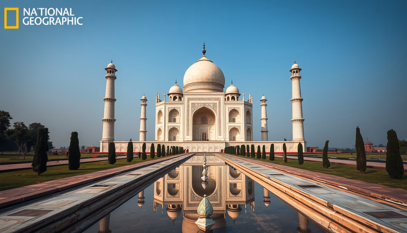 taj mahal symmetric reflection in editorial style