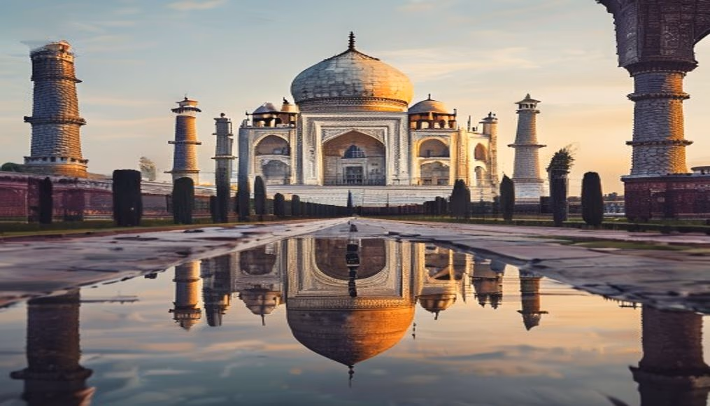 taj mahal symmetric reflection in editorial style