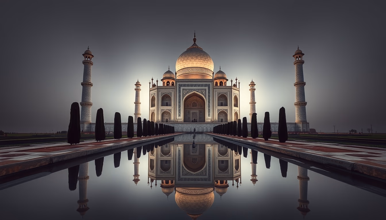 taj mahal symmetric reflection in editorial style