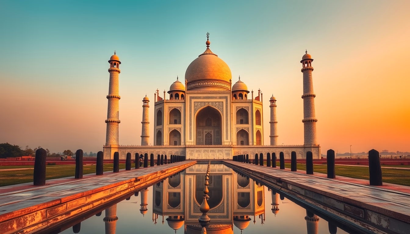 taj mahal symmetric reflection in editorial style