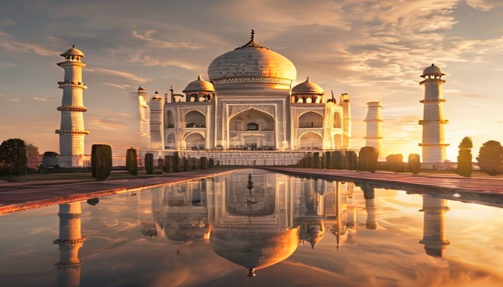 taj mahal symmetric reflection in editorial style