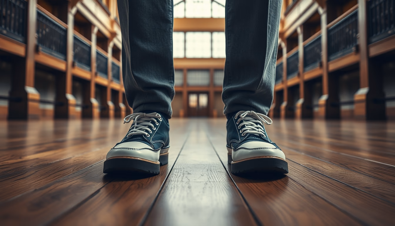 tap shoes wooden floor in editorial style