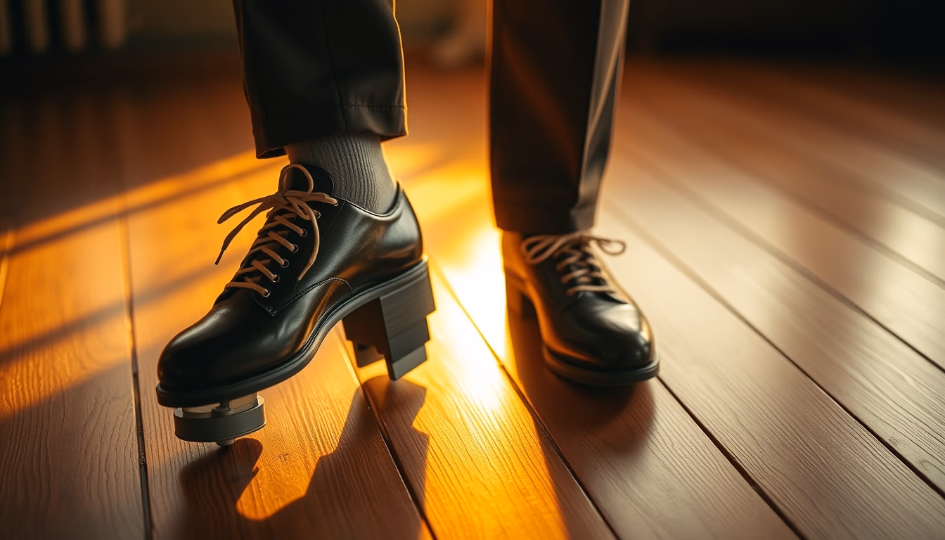 tap shoes wooden floor in editorial style