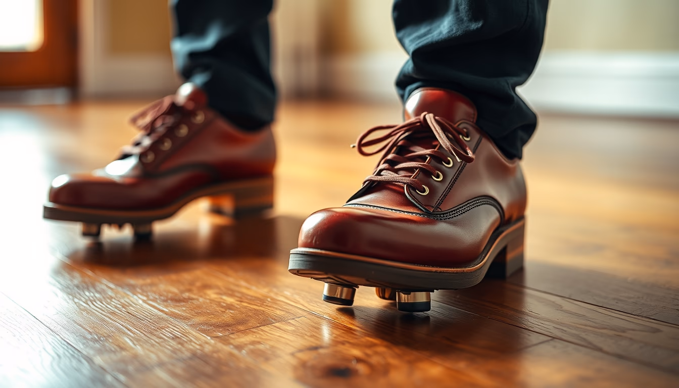 tap shoes wooden floor in editorial style