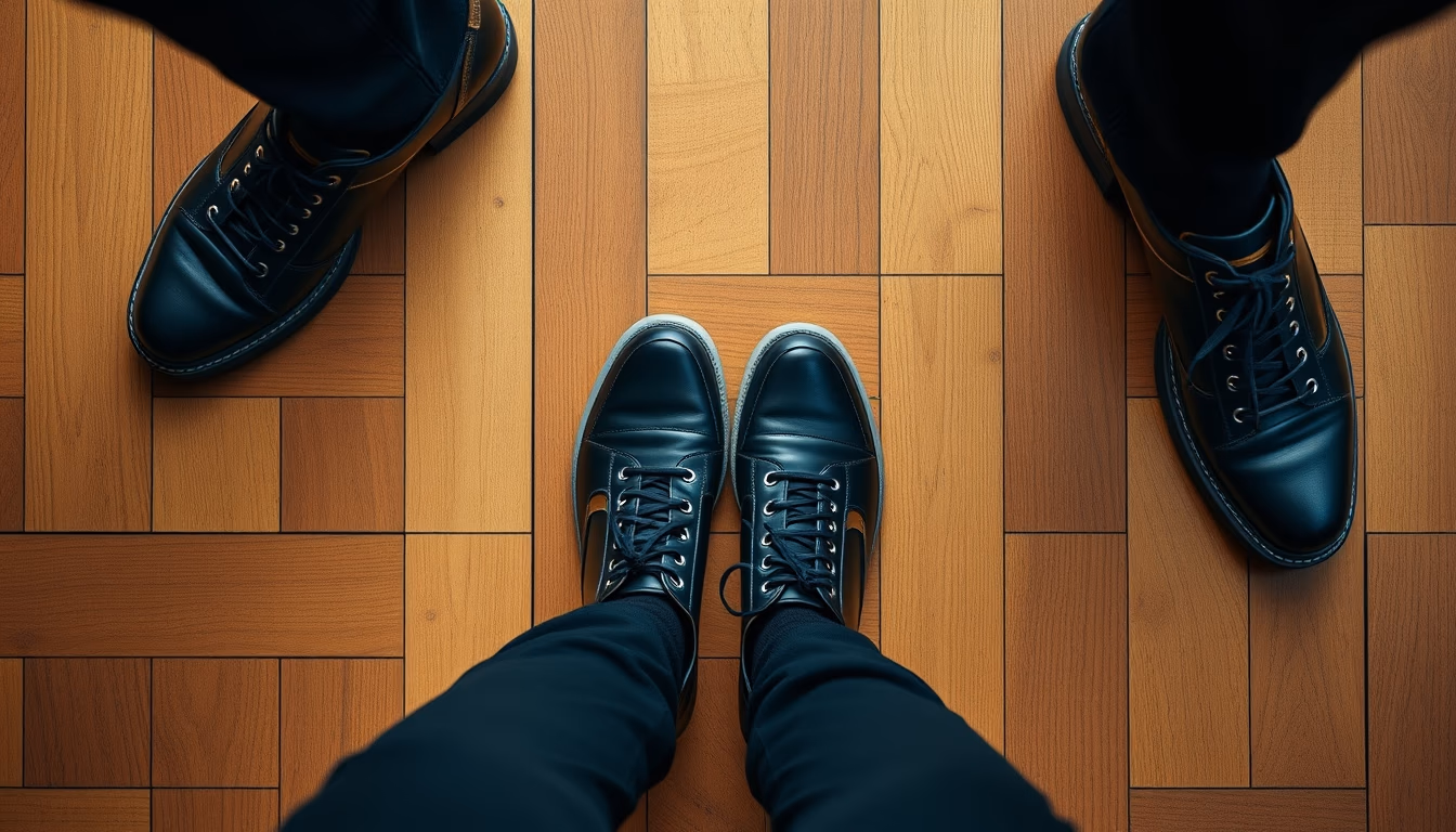 tap shoes wooden floor in editorial style